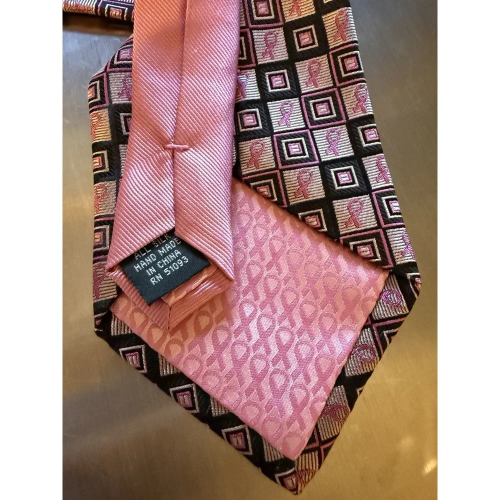 Real Men Wear Pink by Diane Katzman Silk Check Tie Black Pink Ribbon 61
